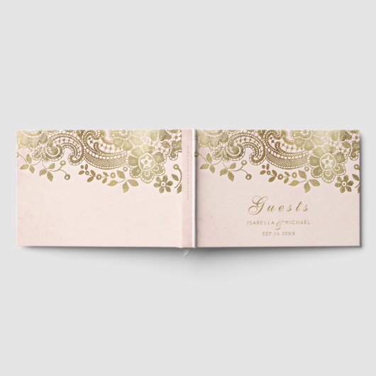 金ゴールドエレガント赤面レ結婚ースのゲストブック ゲストブック (全面)