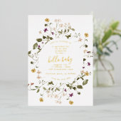 金ゴールドエレガント野花パンパフローラ赤ちゃんシャワー 箔招待状 (立ち正面)