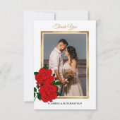 金ゴールドエレガント額縁新婚フォトレッドローズ サンキューカード (正面)