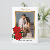 金ゴールドエレガント額縁新婚フォトレッドローズ サンキューカード (スタンド正面)