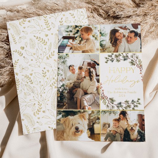 金ゴールドエレガント5フォトコラージハッピーホリデーズカード 箔シーズンカード