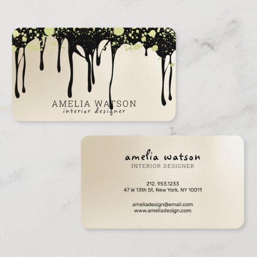 金ゴールドエレガント（ばちゃばちゃ）跳ねると黒の点絵を描滴 名刺 (正面/裏面)