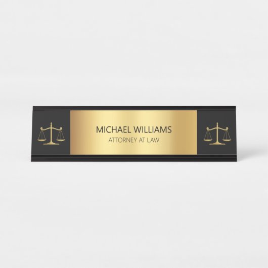 金ゴールドエレガント·オはかりで測ブ·ジャスティス·タイポグラフィ弁護士 デスクネームプレート (正面)