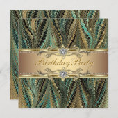 金ゴールドエレガント&ティール(緑がかった色)ブルーバースデーパーティー 招待状 (正面/裏面)