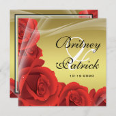 金ゴールドエレガント&レッドローズ結婚式招待状 招待状 (正面/裏面)