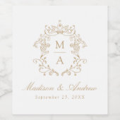 金ゴールドエレガントChinoiserieクレストモノグラム結婚ズ ワインラベル (シングルラベル)