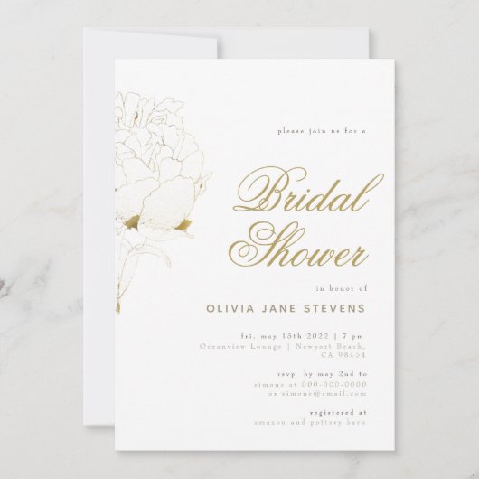 金ゴールドエレガントPeonyスクリプトフローラBWブライダルシャワー 招待状 (正面)