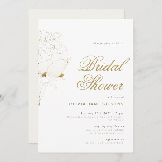 金ゴールドエレガントPeonyスクリプトフローラBWブライダルシャワー 招待状 (正面/裏面)