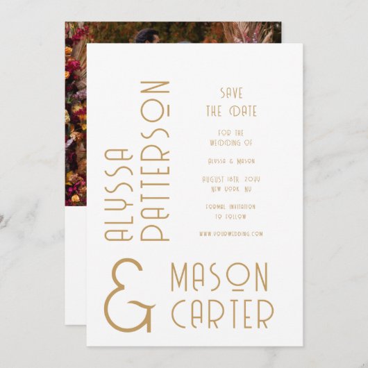 金ゴールドエレガントQRコード写真結婚式の日付の保存 セーブザデート (正面/裏面)