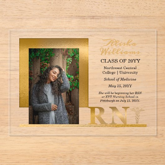 金ゴールドエレガントRNカドゥセウス写真卒業 アクリル招待状 (正面)