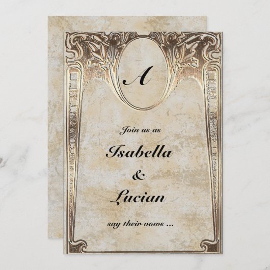 金ゴールドエンボスルックステームン結婚クス 招待状 (正面/裏面)