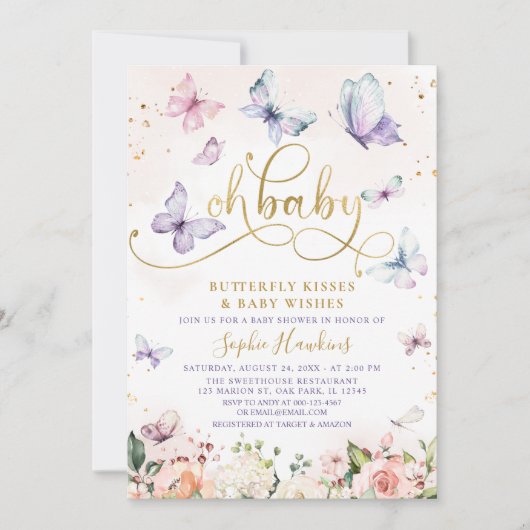 金ゴールドオベビーバタフライキスベビーシャワー 招待状 (正面)