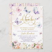 金ゴールドオベビーバタフライキスベビーシャワー 招待状 (正面/裏面)