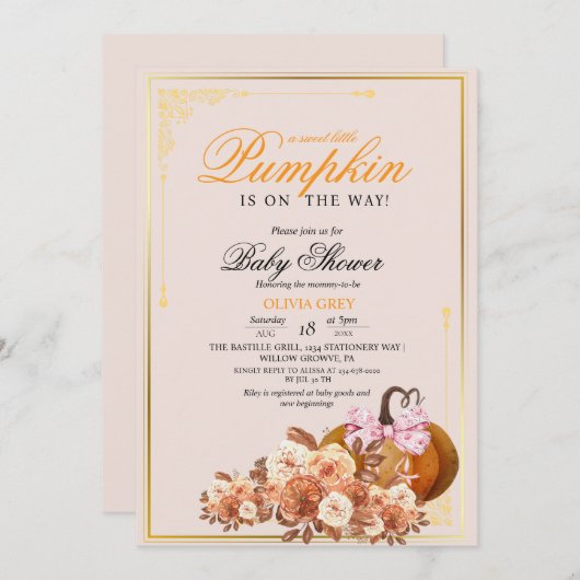 金ゴールドオレンジカボチャフローラベビーシャワー招待状 招待状 (正面/裏面)