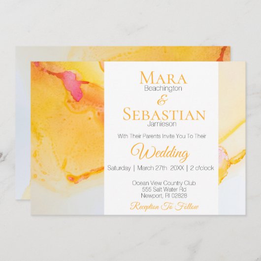*~*金ゴールドオレンジ明るい赤紫色水結婚色 招待状 (正面/裏面)