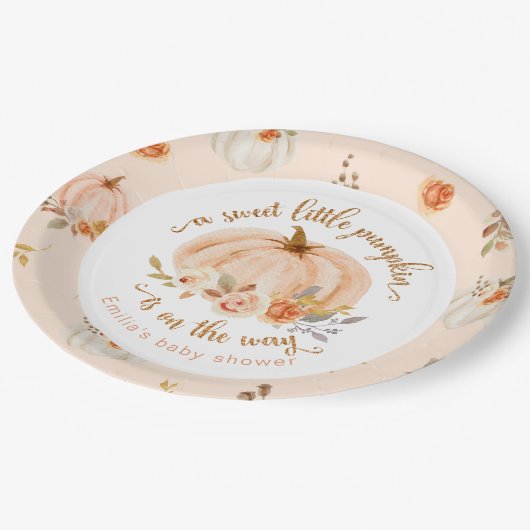 金ゴールドオレンジ色の甘い小さなかぼちゃの赤ちゃんシャワー ペーパープレート (アングル)