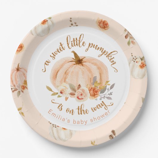 金ゴールドオレンジ色の甘い小さなかぼちゃの赤ちゃんシャワー ペーパープレート (正面)