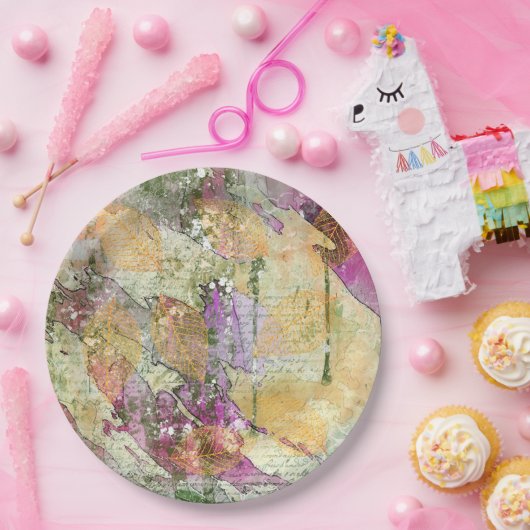 金ゴールドオレンジ色の秋リーフ葉のヴィンテージデコページ ペーパープレート (パーティー)