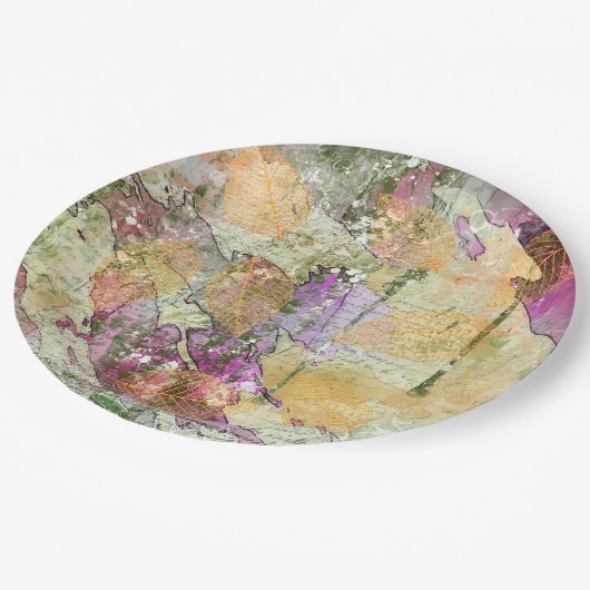 金ゴールドオレンジ色の秋リーフ葉のヴィンテージデコページ ペーパープレート (アングル)