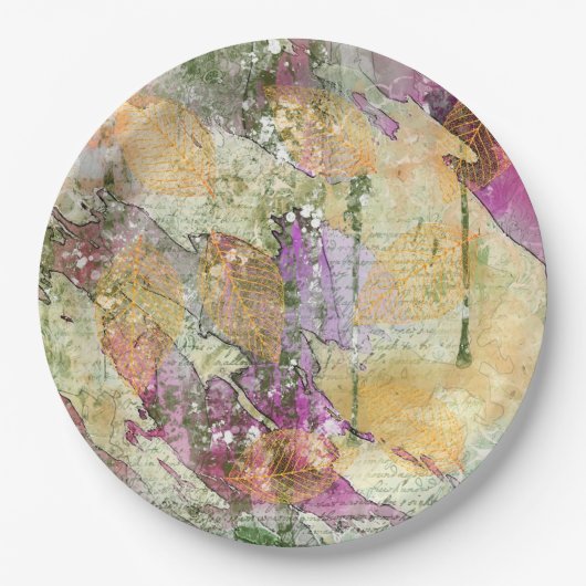 金ゴールドオレンジ色の秋リーフ葉のヴィンテージデコページ ペーパープレート (正面)