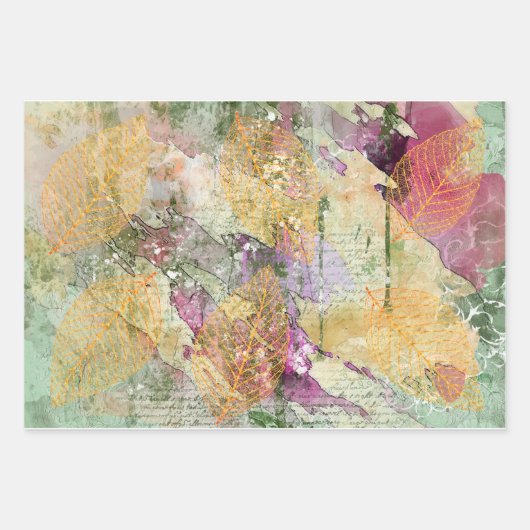 金ゴールドオレンジ色の秋リーフ葉のヴィンテージデコページ ラッピングペーパーシート (正面3)