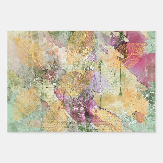 金ゴールドオレンジ色の秋リーフ葉のヴィンテージデコページ ラッピングペーパーシート (正面)