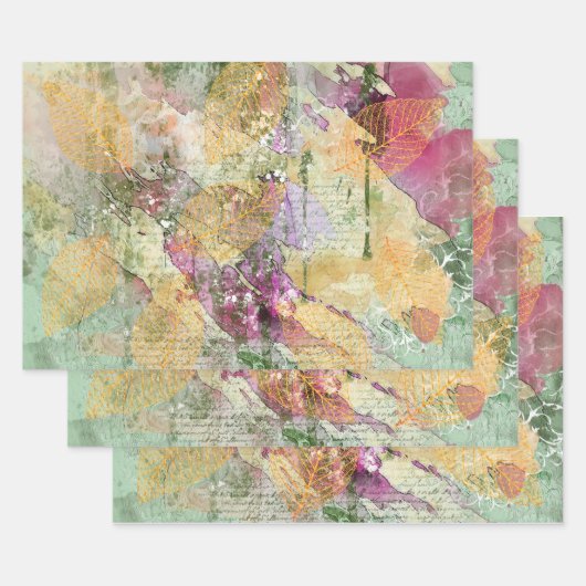 金ゴールドオレンジ色の秋リーフ葉のヴィンテージデコページ ラッピングペーパーシート (セット)