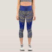 金ゴールドオンエレガント深いブルーフローラヘナマンダラ カプリレギンス (正面)