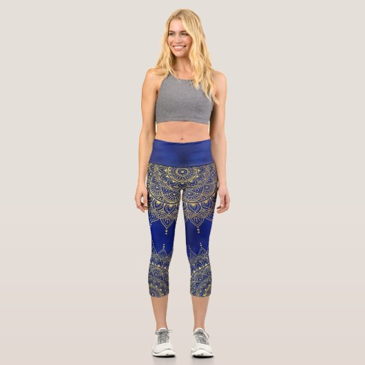 金ゴールドオンエレガント深いブルーフローラヘナマンダラ カプリレギンス (正面)