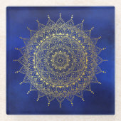 金ゴールドオンエレガント深いブルーフローラヘナマンダラ ガラスコースター (正面)
