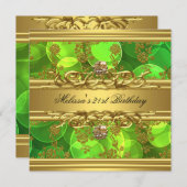 金ゴールドオングリーン21th誕生日パーティー宝石ダマスク 招待状 (正面/裏面)