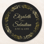 金ゴールドオンブラックエレガントフローラフレースのようィリグリー結婚ズ ラウンドペーパーコースター (正面)
