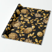 金ゴールドオンブラックモダンヴィンテージラージフローラトイル ラッピングペーパー (アンロールド)