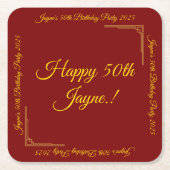 金ゴールドオン深いレッドバースデーパーティー スクエアペーパーコースター (正面)