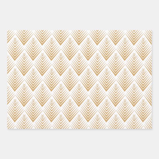 金ゴールドオン白アールデコ扇花パターン ラッピングペーパーシート (正面)