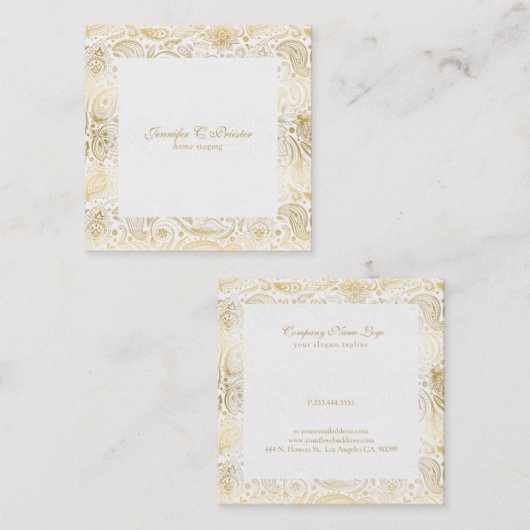 金ゴールドオン白フローラペイズリー スクエア名刺 (正面/裏面)