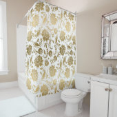金ゴールドオン白ヴィンテージフローラダマスパターン シャワーカーテン (インサイチュ)
