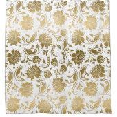 金ゴールドオン白ヴィンテージフローラダマスパターン シャワーカーテン (正面)