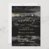 金ゴールドオン黒いブラシワークの水モダン色結婚 招待状 (正面)