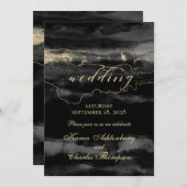 金ゴールドオン黒いブラシワークの水モダン色結婚 招待状 (正面/裏面)