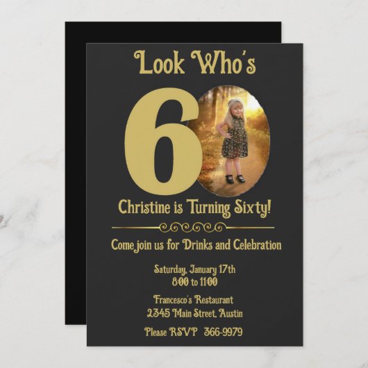 金ゴールドオン黒と写真60番目の誕生日招待状 招待状 (正面/裏面)