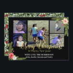 金ゴールドオン黒とPoinsettias 5 Photo Collage シーズンカード<br><div class="desc">フェスティバルとおもしろい5 photoクリスマスコラージュのカードは、メリークリスマスとハッピーニューイヤーを言う黒い背景と金ゴールドフォイルのタイポグラフィを持っている。姓と名を下にしてパーソナライズする。冬の植物やポインセチアの美しい配置が反対側の角にある。カードの裏側には、冬の植物学と赤い果実の美しい水色の背景がある。</div>