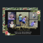 金ゴールドオン黒とPoinsettias 5 Photo Collage シーズンカード<br><div class="desc">フェスティバルとおもしろい5 photoクリスマスコラージュのカードは、メリークリスマスとハッピーニューイヤーを言う黒い背景と金ゴールドフォイルのタイポグラフィを持っている。姓と名を下にしてパーソナライズする。冬の植物やポインセチアの美しい配置が反対側の角にある。カードの裏側には、冬の植物学と赤い果実の美しい水色の背景がある。</div>