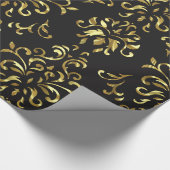 金ゴールドオン黒のヴィンテージフローラダマスパターン ラッピングペーパー (角)