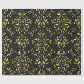 金ゴールドオン黒のヴィンテージフローラダマスパターン ラッピングペーパー (フラット)