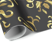 金ゴールドオン黒のヴィンテージフローラダマスパターン ラッピングペーパー (ロールコーナー)