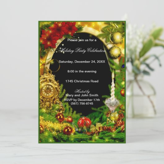 金ゴールドオーナメントグリーンパインクリスマスパーティー 招待状 (スタンド正面)