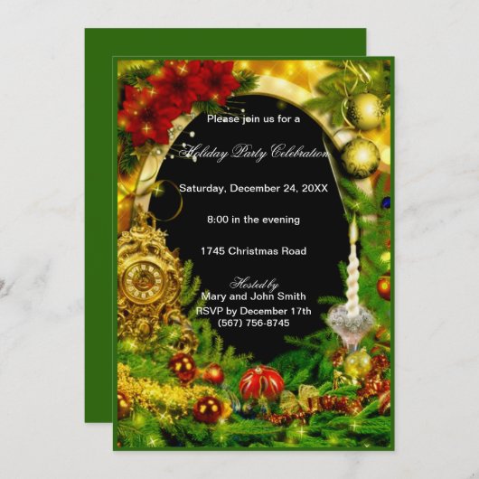 金ゴールドオーナメントグリーンパインクリスマスパーティー 招待状 (正面/裏面)