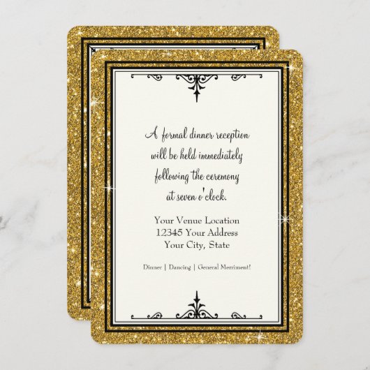 金ゴールドオーナメントストライプのグリッタークラシックエレガント 招待状 (正面/裏面)
