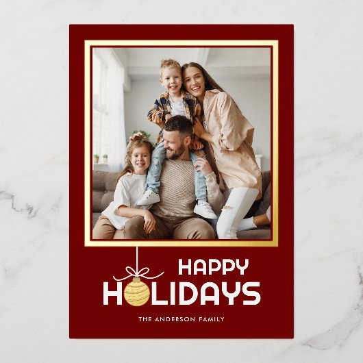 金ゴールドオーナメントハッピーホリデーズフォトクリスマス金ゴールド 箔シーズンカード (正面)
